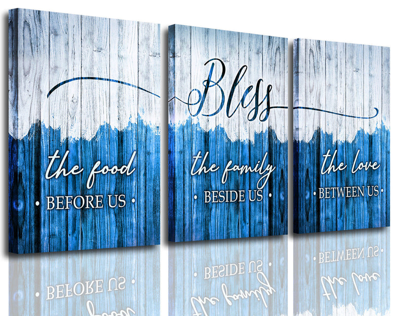 Canvas Wall Art for Dining Room Wall Decor | "Bless The Food Before Us" Picture Canvas Prints | Motivational Blue Wall Art | Blue Family Painting Framed Artwork | Living Room Bedroom Home Wall Decor